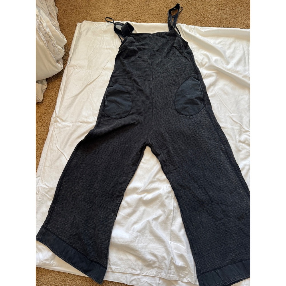 Zenana Black Textured Gauze Wide Leg Overalls Jumpsuit Large